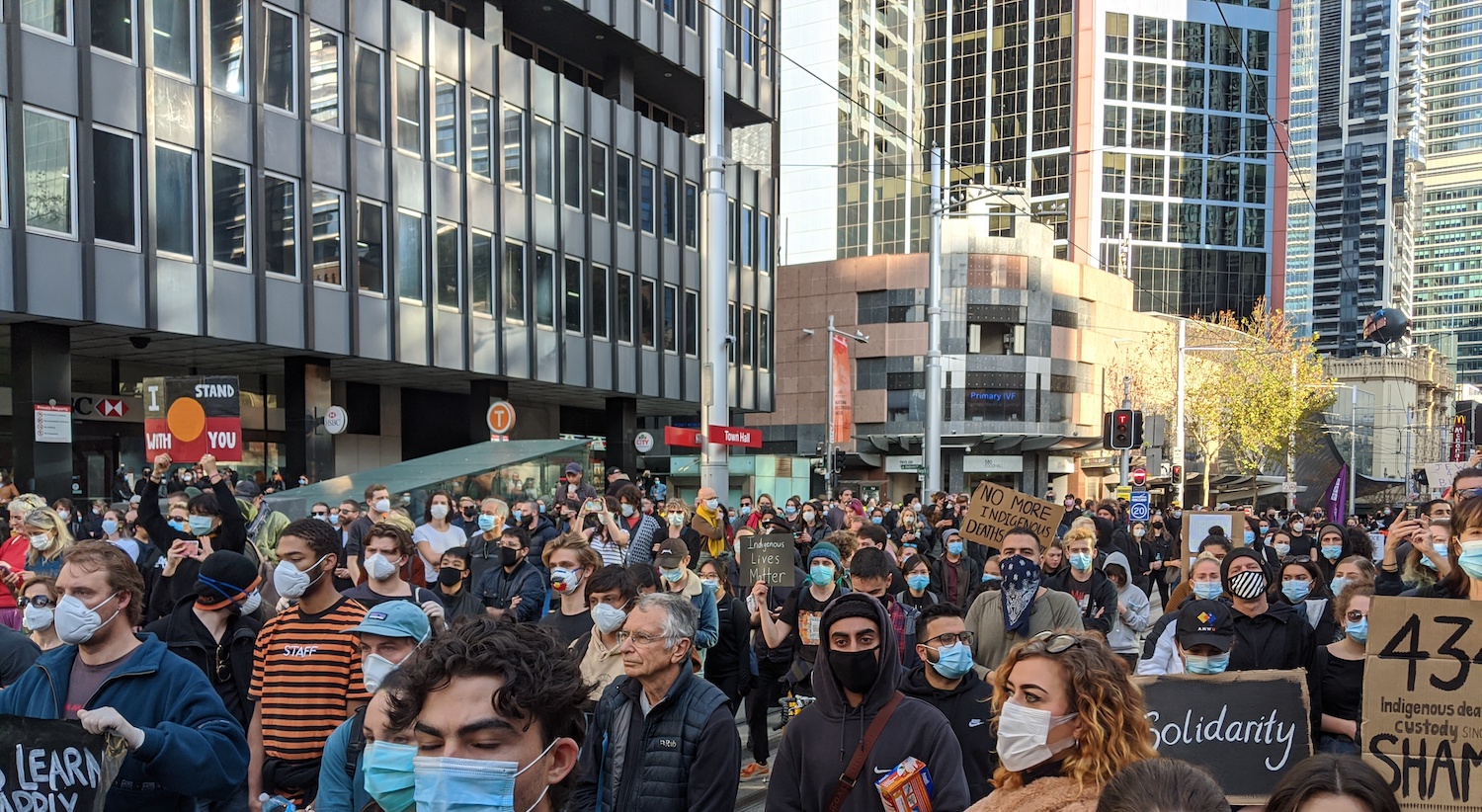 Opposite angle showing protesters stretching from Town Hall tram stop, down Pitt Street, disappearing into the distance