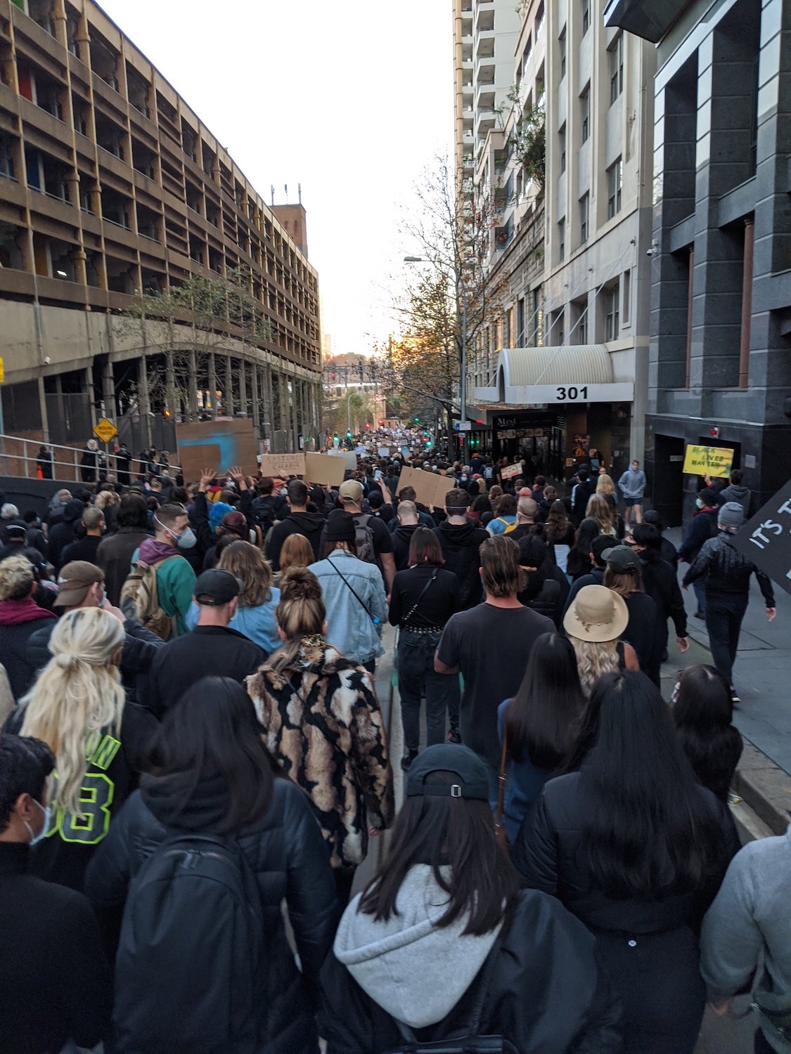 Protesters filling the street down the hill of Castlereagh Street all the way to Belmore Park