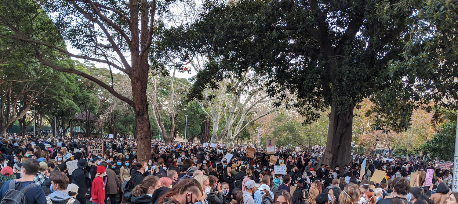 Protesters fill the entirety of Belmore Park in all directions